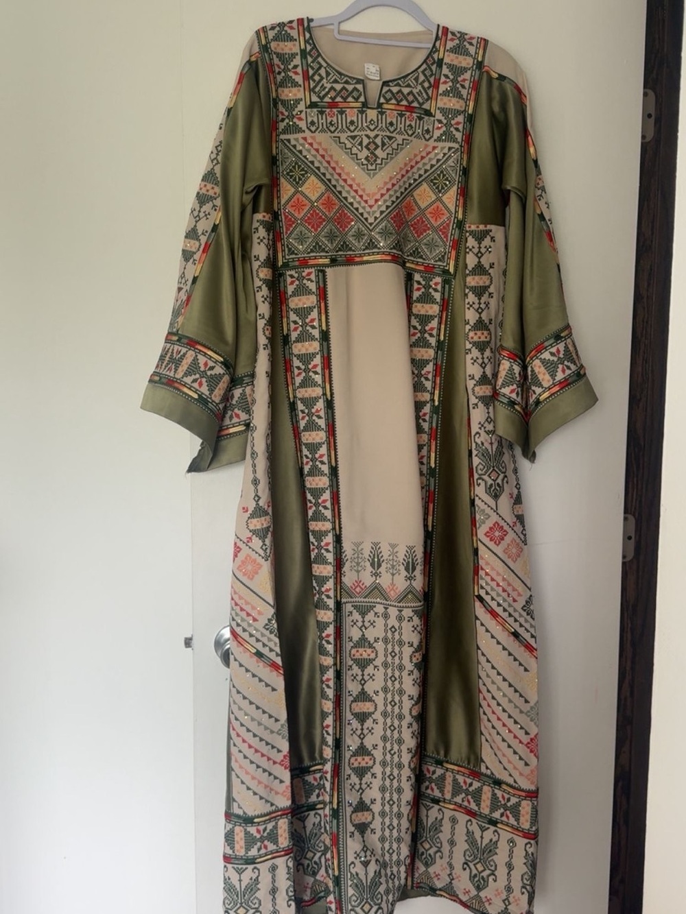 Olive & Cream Embroidered Kaftan Dress